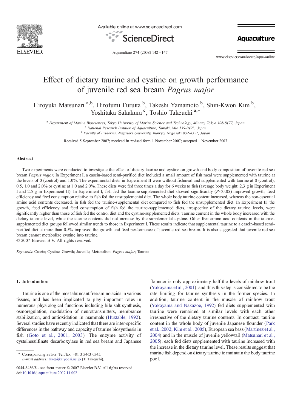 Effect of dietary taurine and cystine on growth performance of juvenile red sea bream Pagrus major