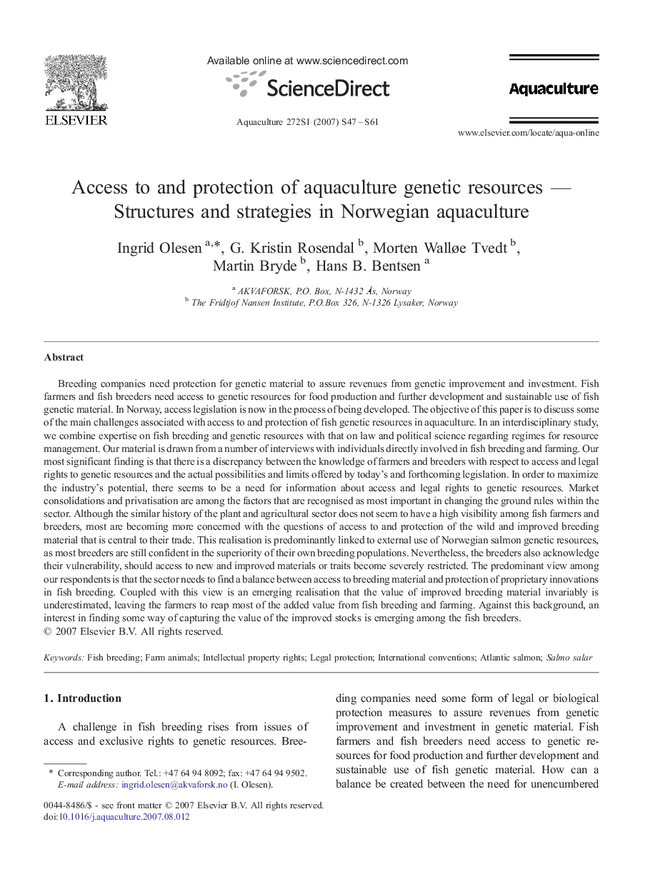 Access to and protection of aquaculture genetic resources - Structures and strategies in Norwegian aquaculture