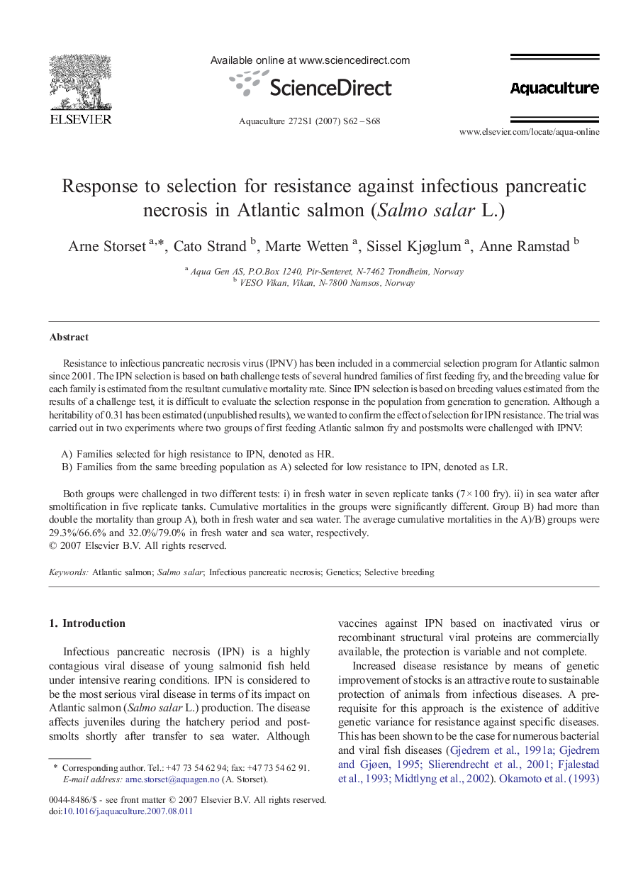 Response to selection for resistance against infectious pancreatic necrosis in Atlantic salmon (Salmo salar L.)