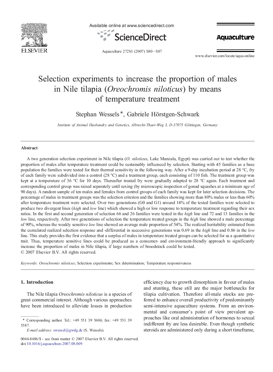 Selection experiments to increase the proportion of males in Nile tilapia (Oreochromis niloticus) by means of temperature treatment