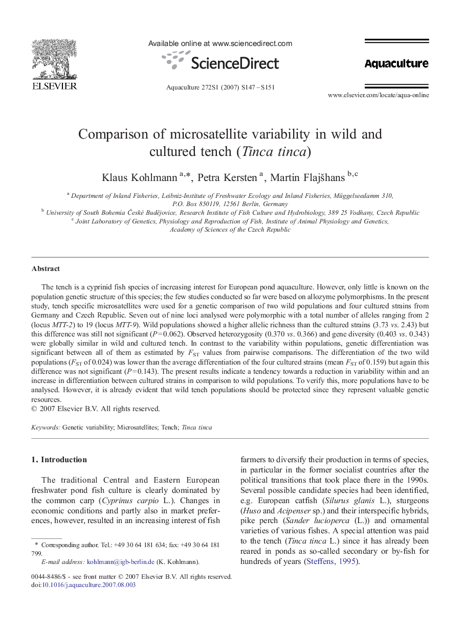 Comparison of microsatellite variability in wild and cultured tench (Tinca tinca)