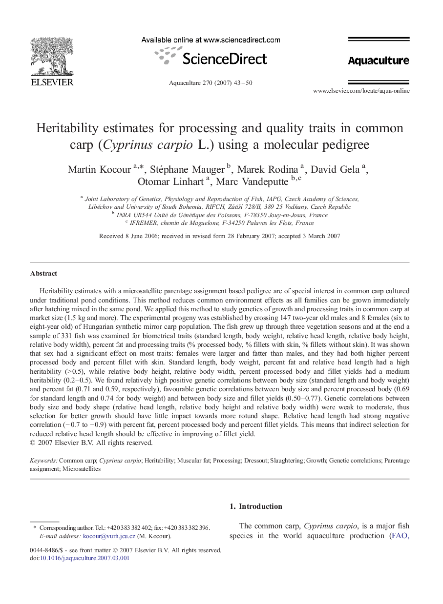 Heritability estimates for processing and quality traits in common carp (Cyprinus carpio L.) using a molecular pedigree