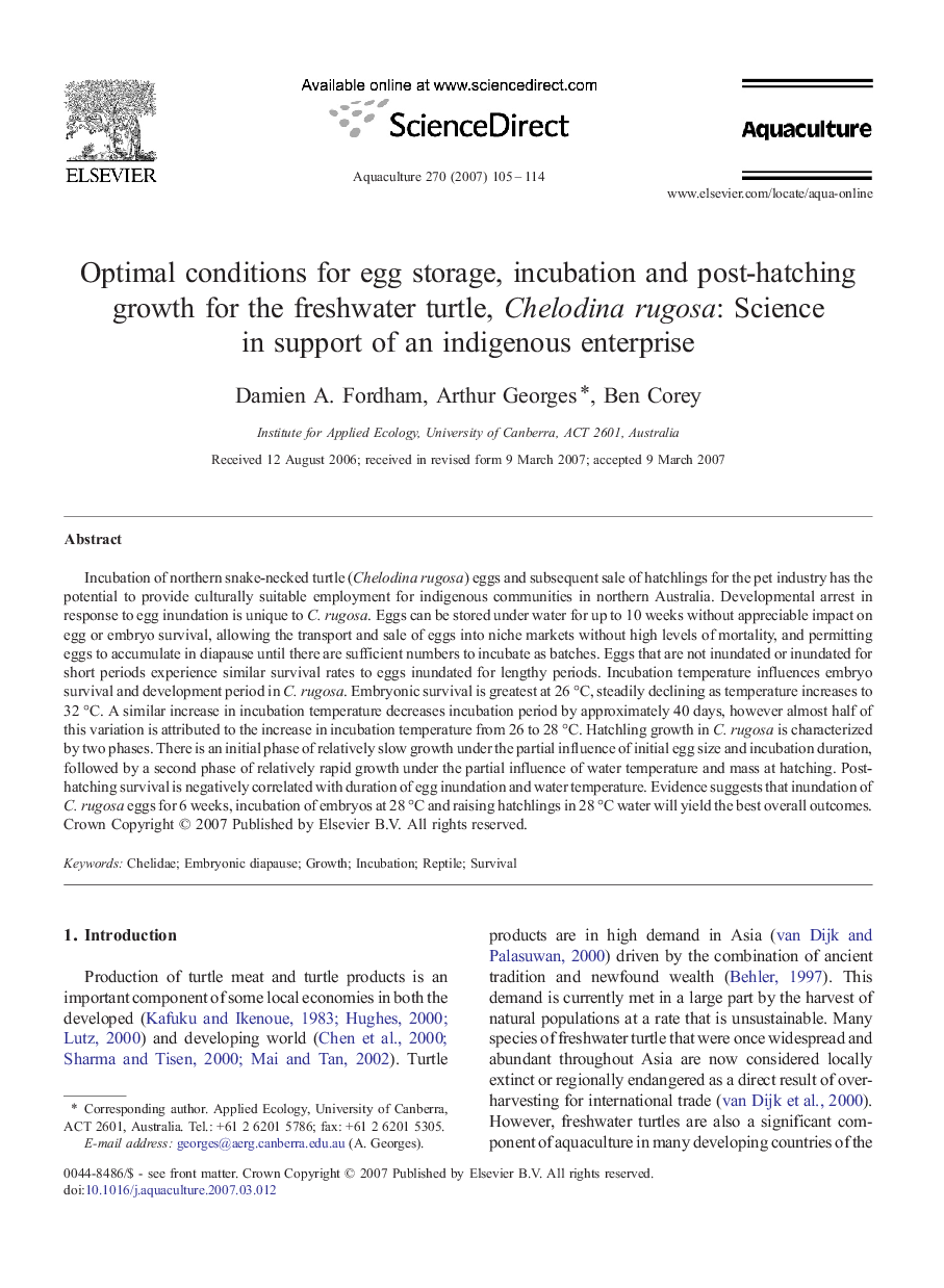 Optimal conditions for egg storage, incubation and post-hatching growth for the freshwater turtle, Chelodina rugosa: Science in support of an indigenous enterprise