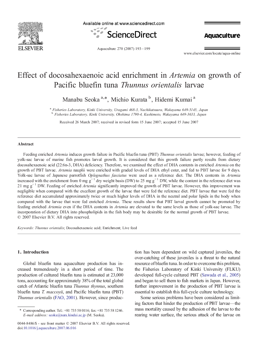 Effect of docosahexaenoic acid enrichment in Artemia on growth of Pacific bluefin tuna Thunnus orientalis larvae