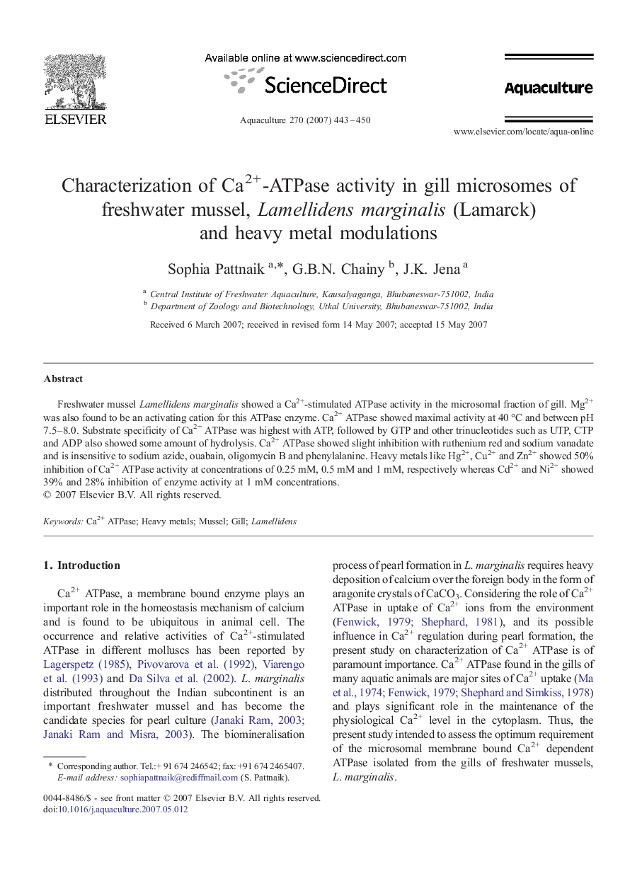 Characterization of Ca2+-ATPase activity in gill microsomes of freshwater mussel, Lamellidens marginalis (Lamarck) and heavy metal modulations