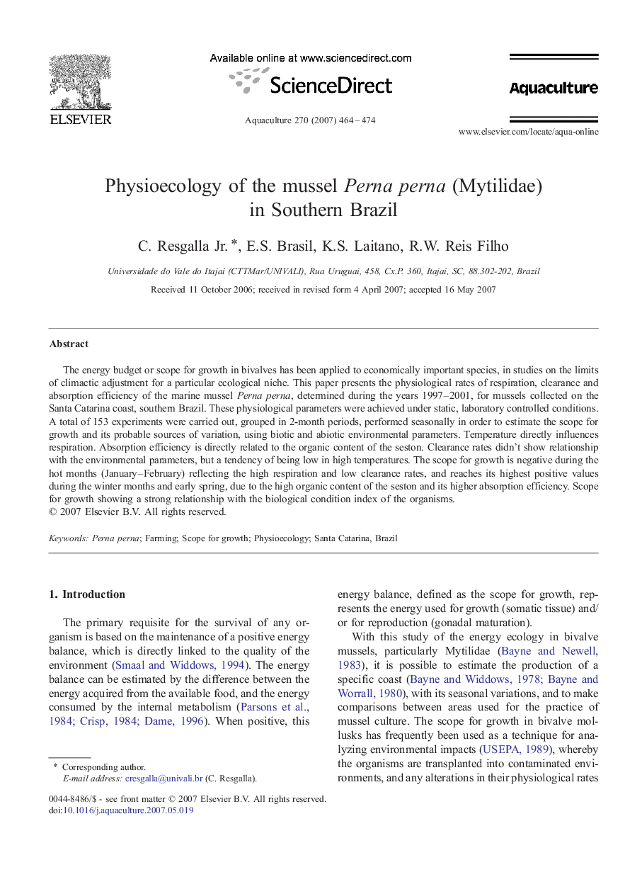 Physioecology of the mussel Perna perna (Mytilidae) in Southern Brazil