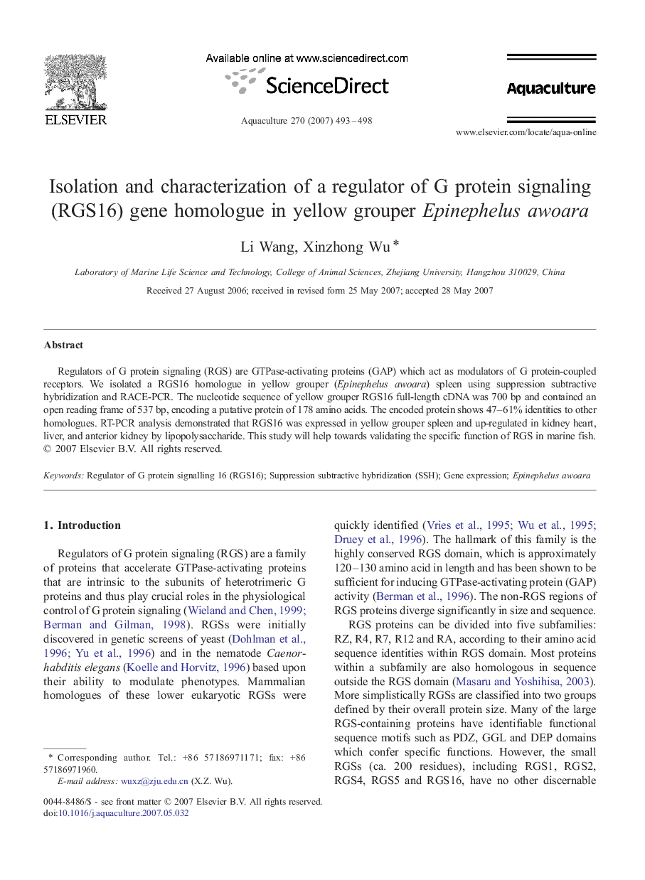 Isolation and characterization of a regulator of G protein signaling (RGS16) gene homologue in yellow grouper Epinephelus awoara