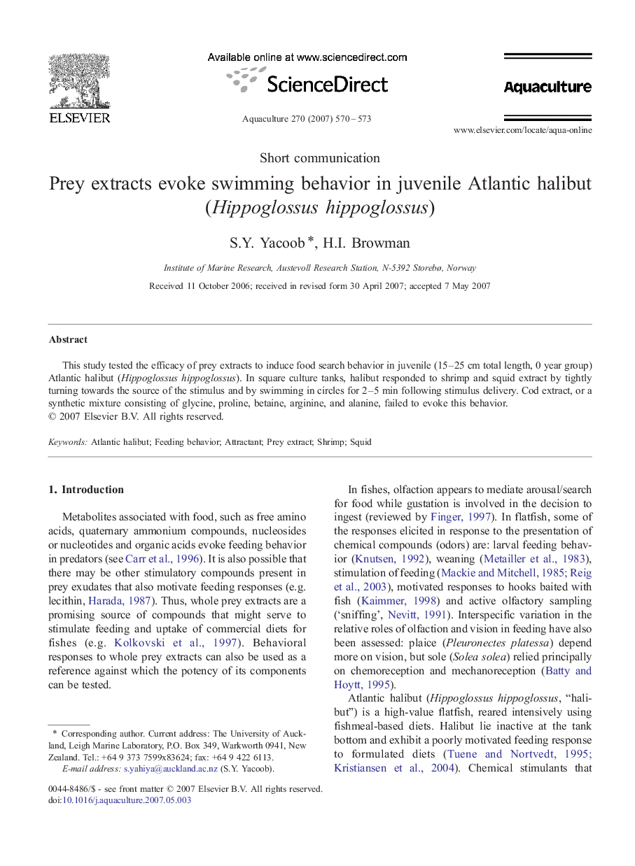 Prey extracts evoke swimming behavior in juvenile Atlantic halibut (Hippoglossus hippoglossus)