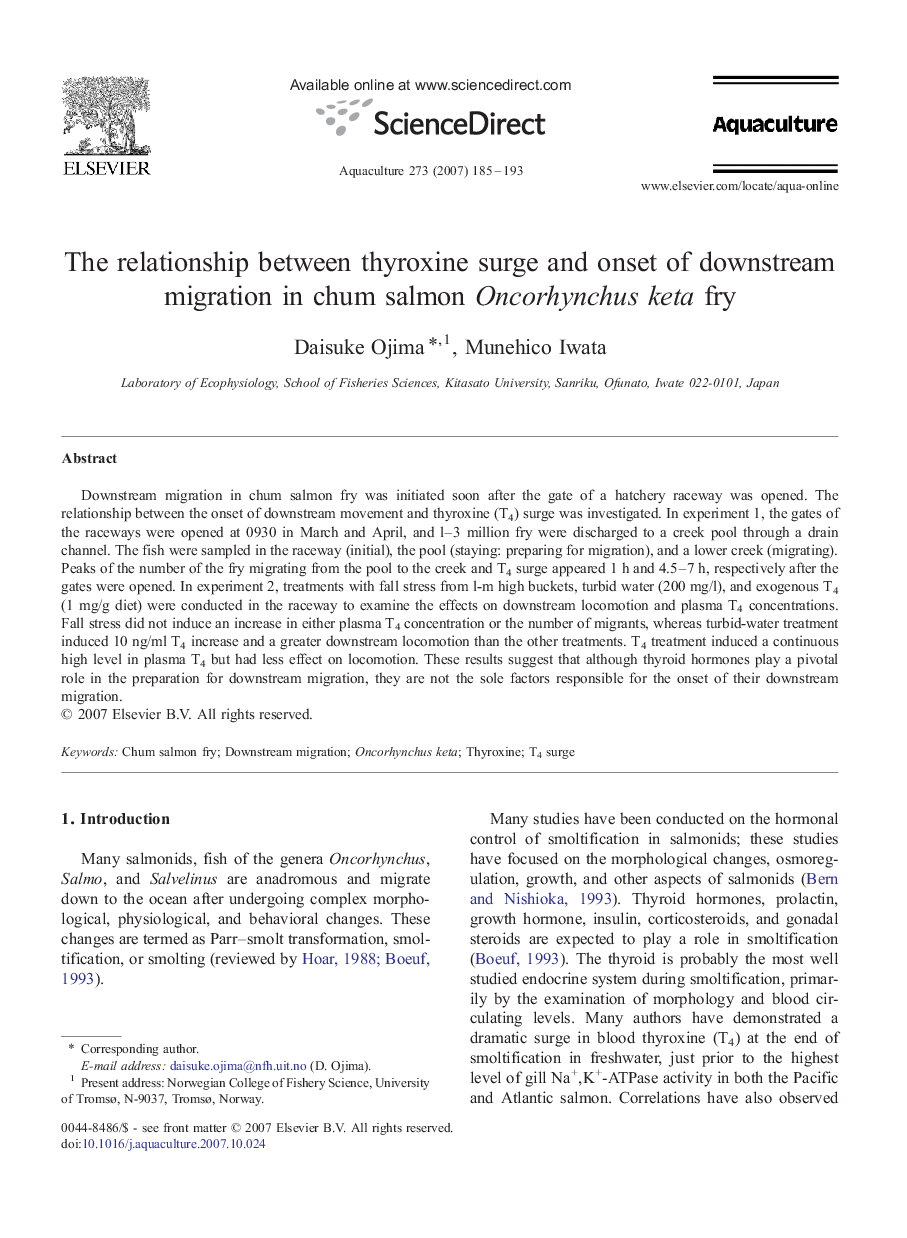 The relationship between thyroxine surge and onset of downstream migration in chum salmon Oncorhynchus keta fry