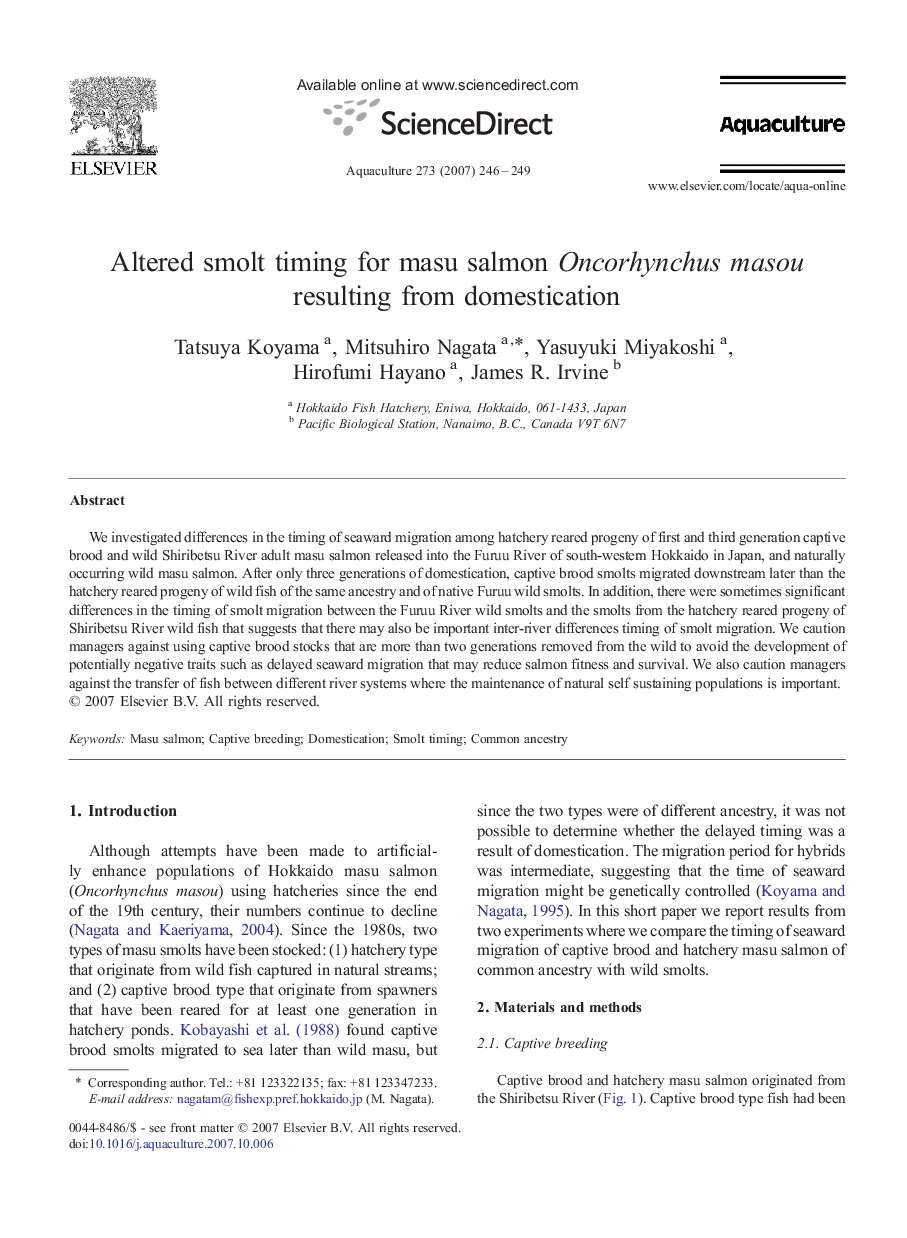عکس صفحه اول مقاله: Altered smolt timing for masu salmon Oncorhynchus masou resulting from domestication Altered smolt timing for masu salmon Oncorhynchus masou resulting from domestication