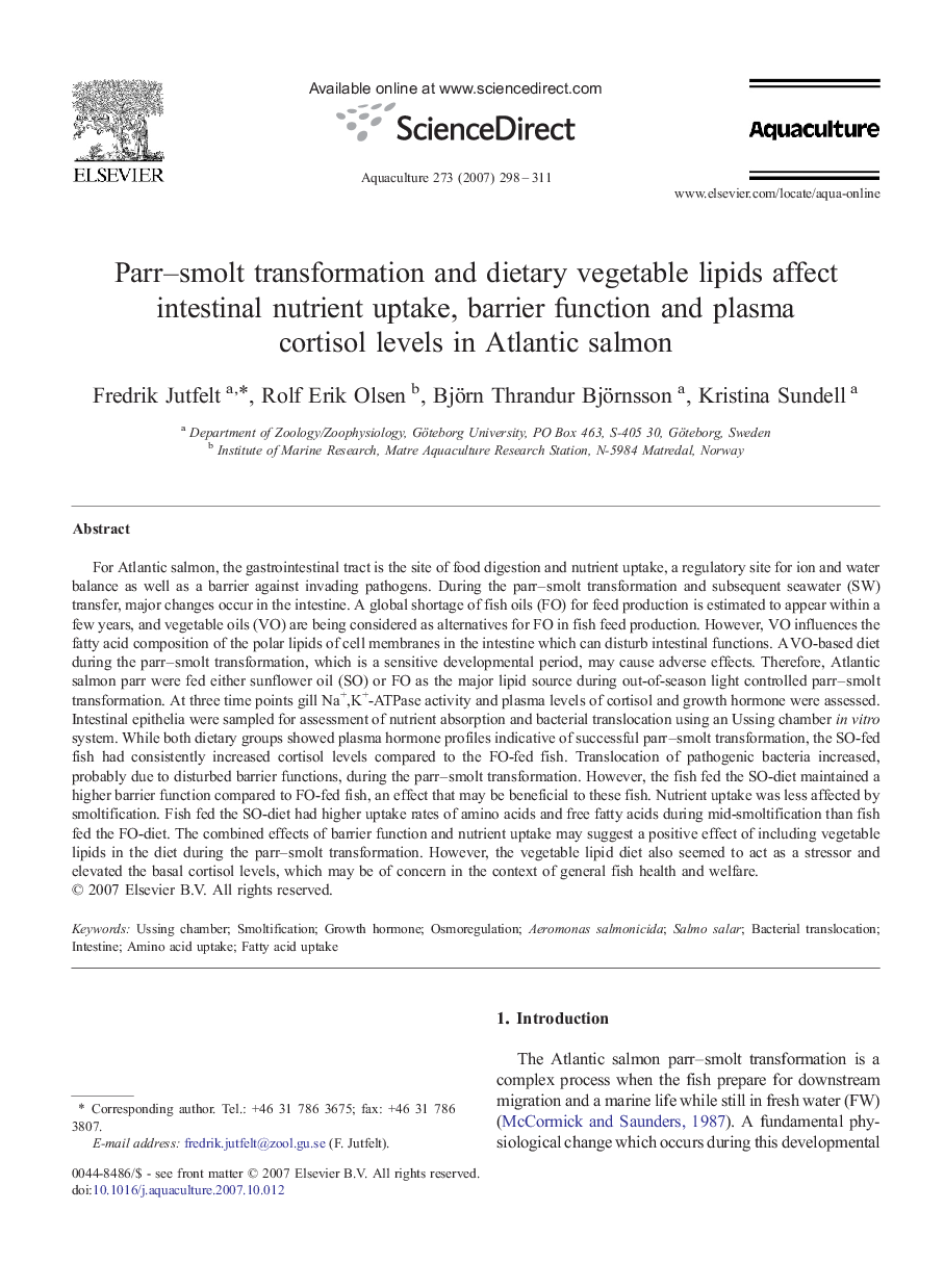 Parr–smolt transformation and dietary vegetable lipids affect intestinal nutrient uptake, barrier function and plasma cortisol levels in Atlantic salmon