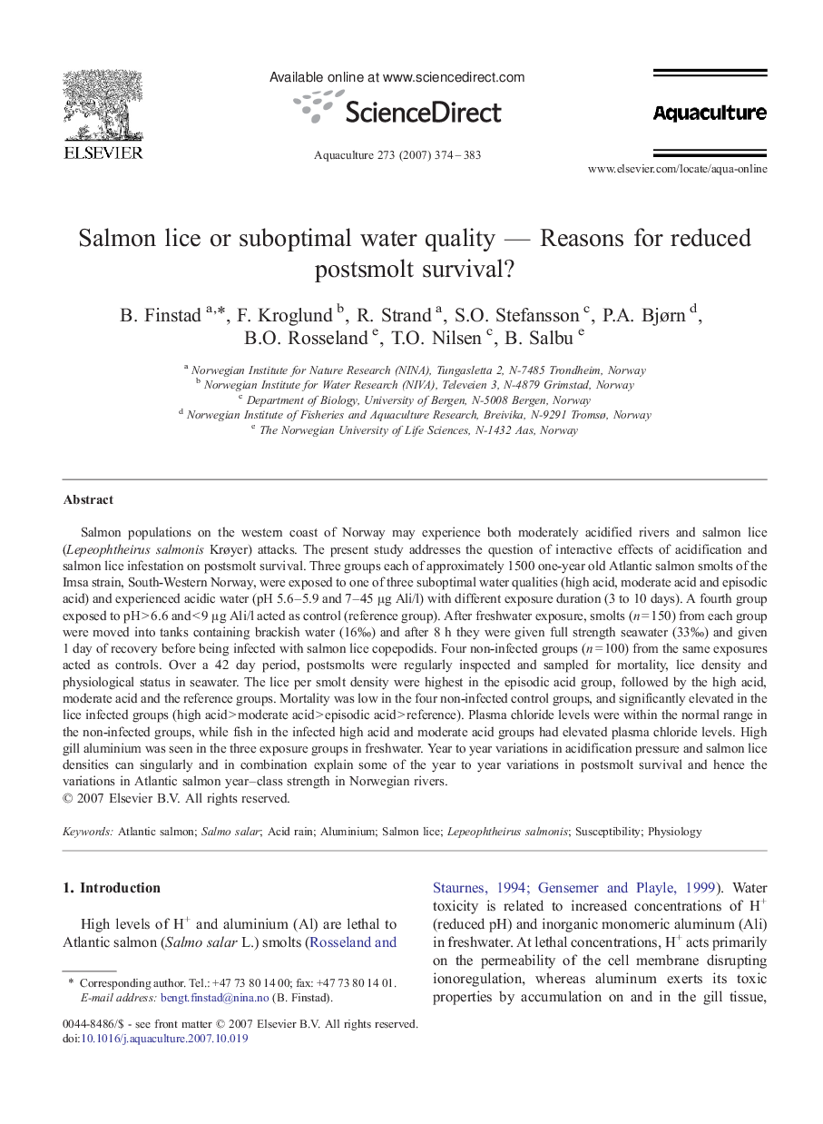 Salmon lice or suboptimal water quality — Reasons for reduced postsmolt survival?