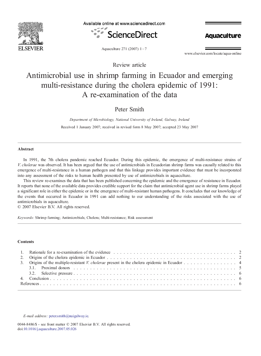 Antimicrobial use in shrimp farming in Ecuador and emerging multi-resistance during the cholera epidemic of 1991: A re-examination of the data