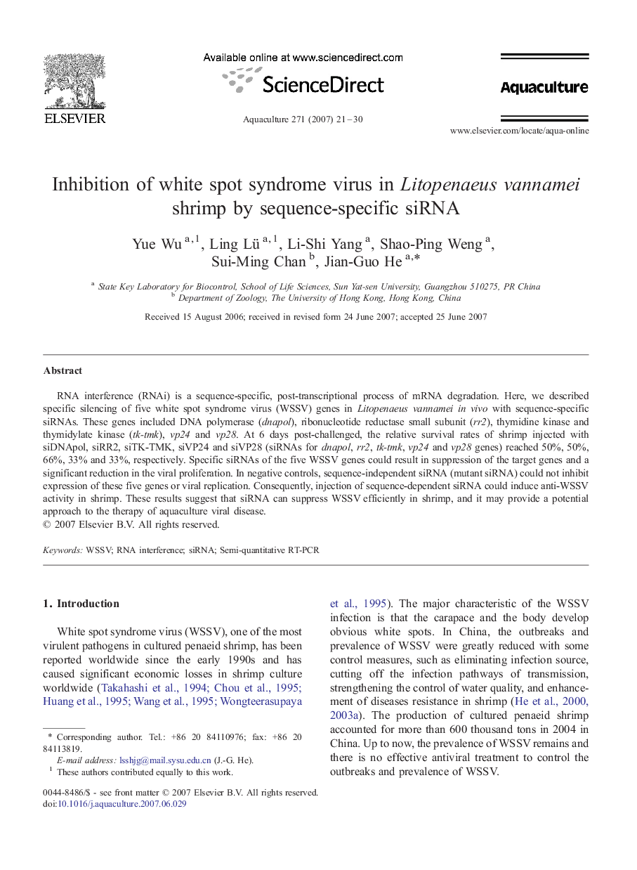 Inhibition of white spot syndrome virus in Litopenaeus vannamei shrimp by sequence-specific siRNA