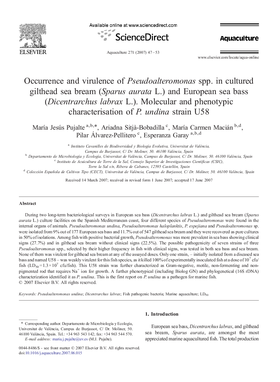 Occurrence and virulence of Pseudoalteromonas spp. in cultured gilthead sea bream (Sparus aurata L.) and European sea bass (Dicentrarchus labrax L.). Molecular and phenotypic characterisation of P. undina strain U58