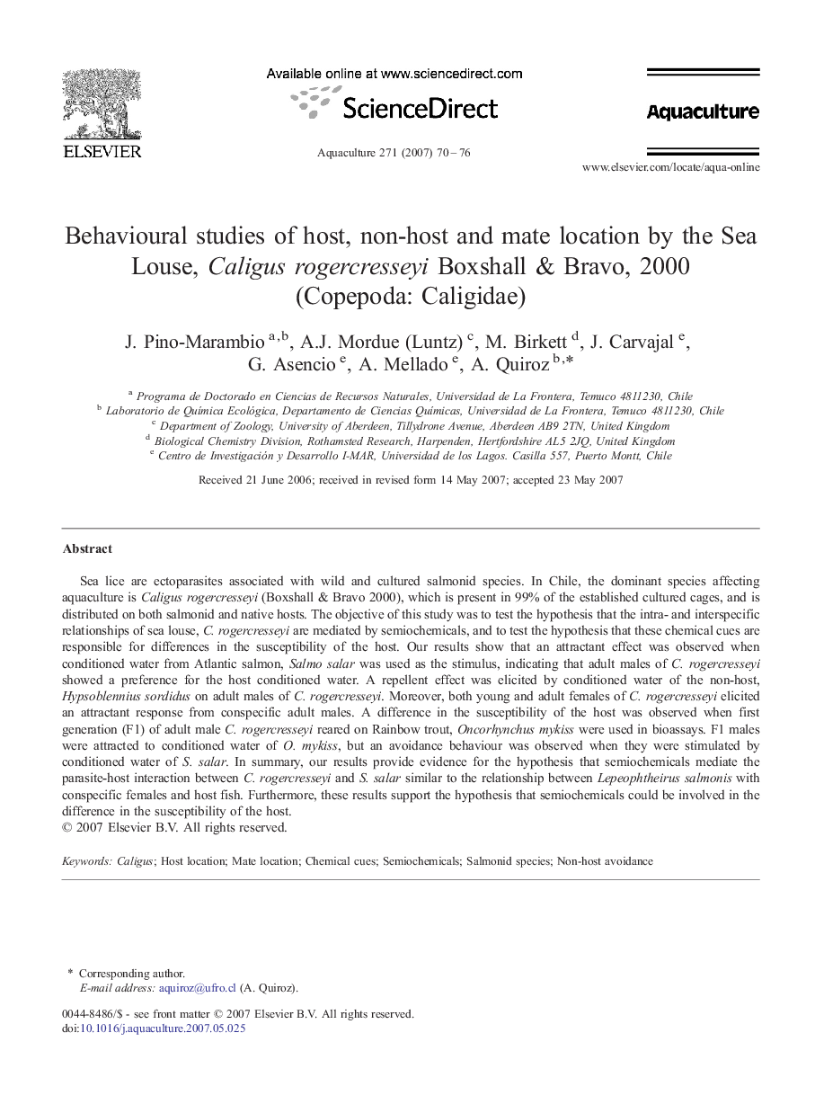 Behavioural studies of host, non-host and mate location by the Sea Louse, Caligus rogercresseyi Boxshall & Bravo, 2000 (Copepoda: Caligidae)