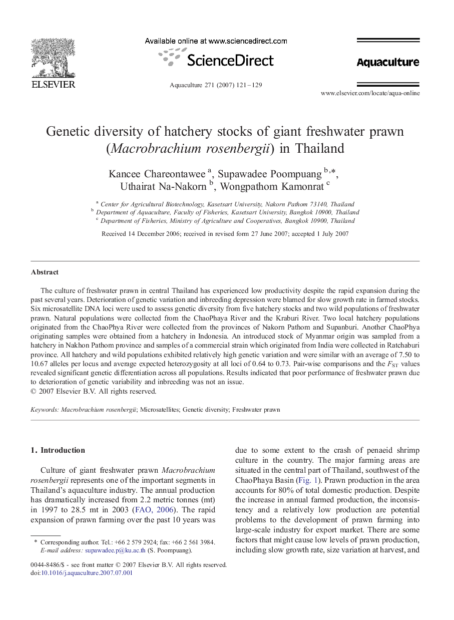 Genetic diversity of hatchery stocks of giant freshwater prawn (Macrobrachium rosenbergii) in Thailand