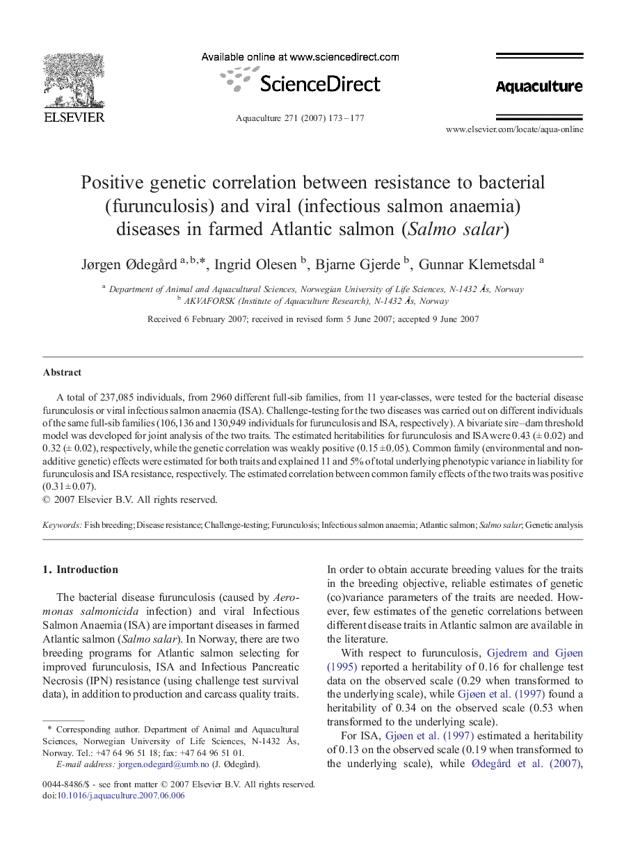 Positive genetic correlation between resistance to bacterial (furunculosis) and viral (infectious salmon anaemia) diseases in farmed Atlantic salmon (Salmo salar)