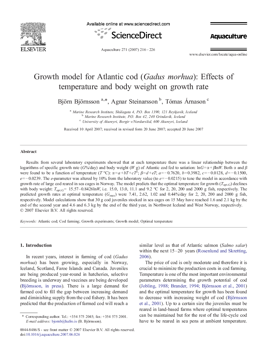 Growth model for Atlantic cod (Gadus morhua): Effects of temperature and body weight on growth rate