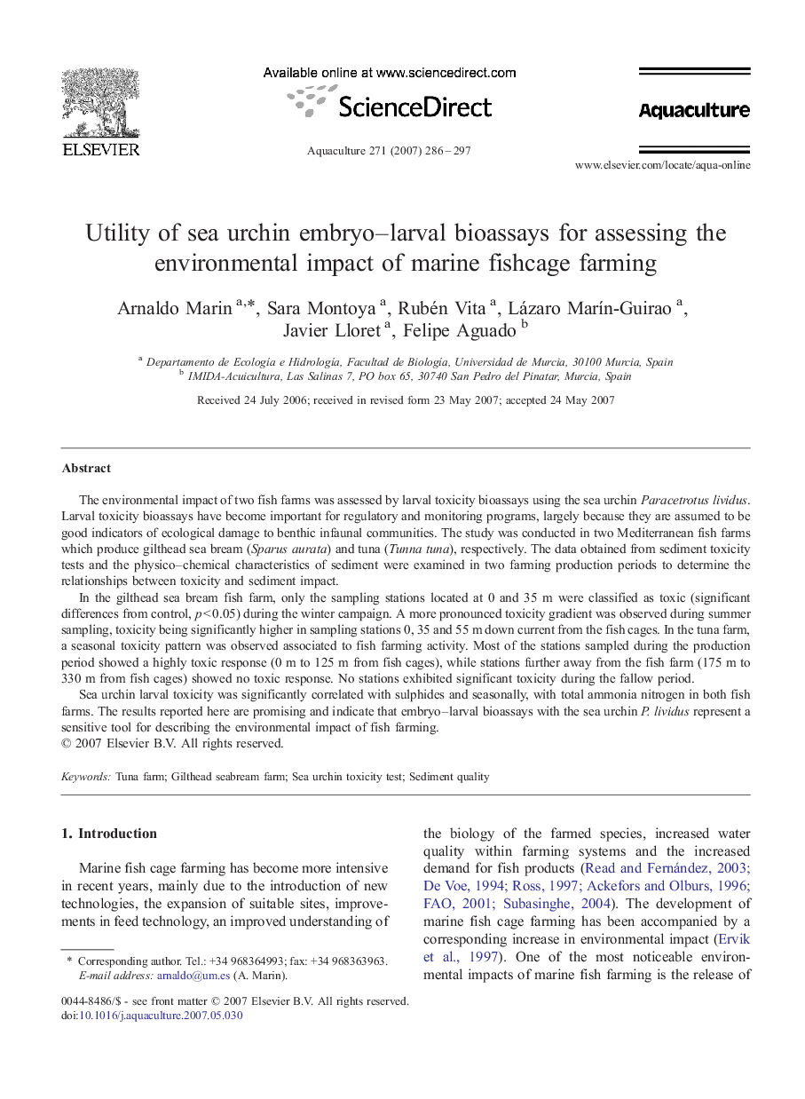 Utility of sea urchin embryo–larval bioassays for assessing the environmental impact of marine fishcage farming