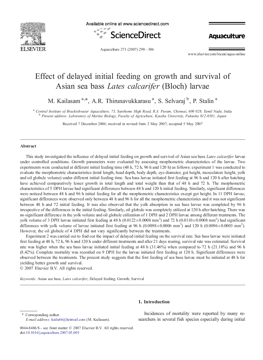 Effect of delayed initial feeding on growth and survival of Asian sea bass Lates calcarifer (Bloch) larvae