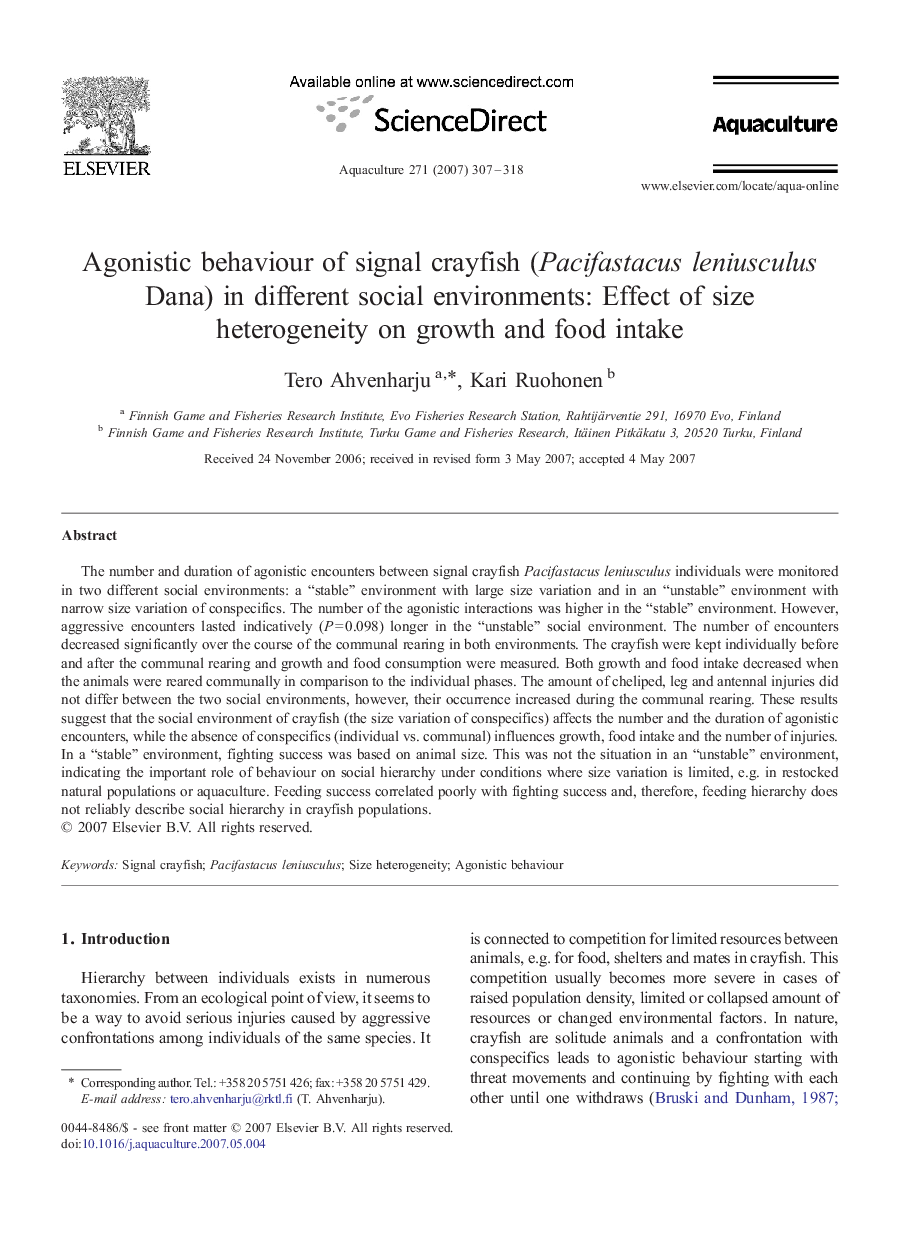 Agonistic behaviour of signal crayfish (Pacifastacus leniusculus Dana) in different social environments: Effect of size heterogeneity on growth and food intake