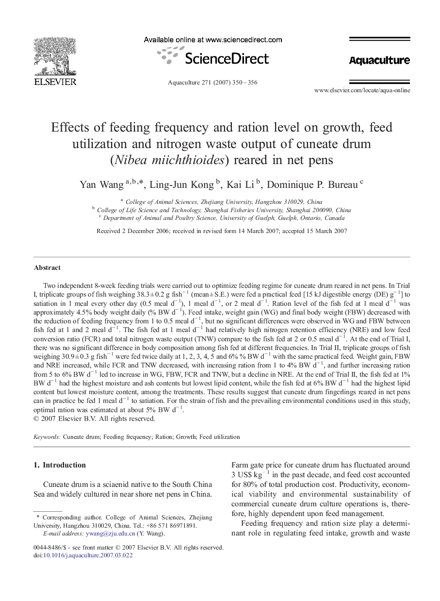 Effects of feeding frequency and ration level on growth, feed utilization and nitrogen waste output of cuneate drum (Nibea miichthioides) reared in net pens