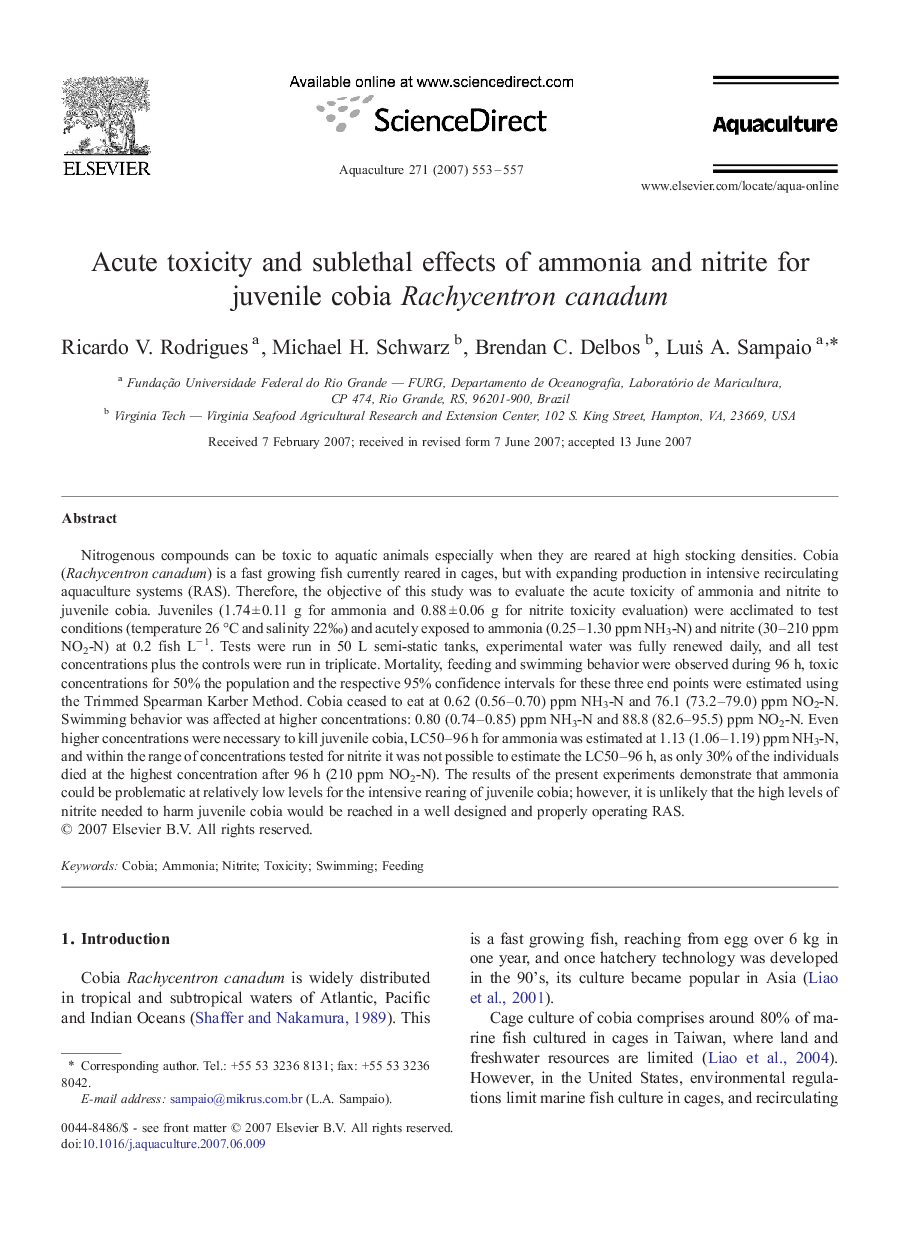 Acute toxicity and sublethal effects of ammonia and nitrite for juvenile cobia Rachycentron canadum