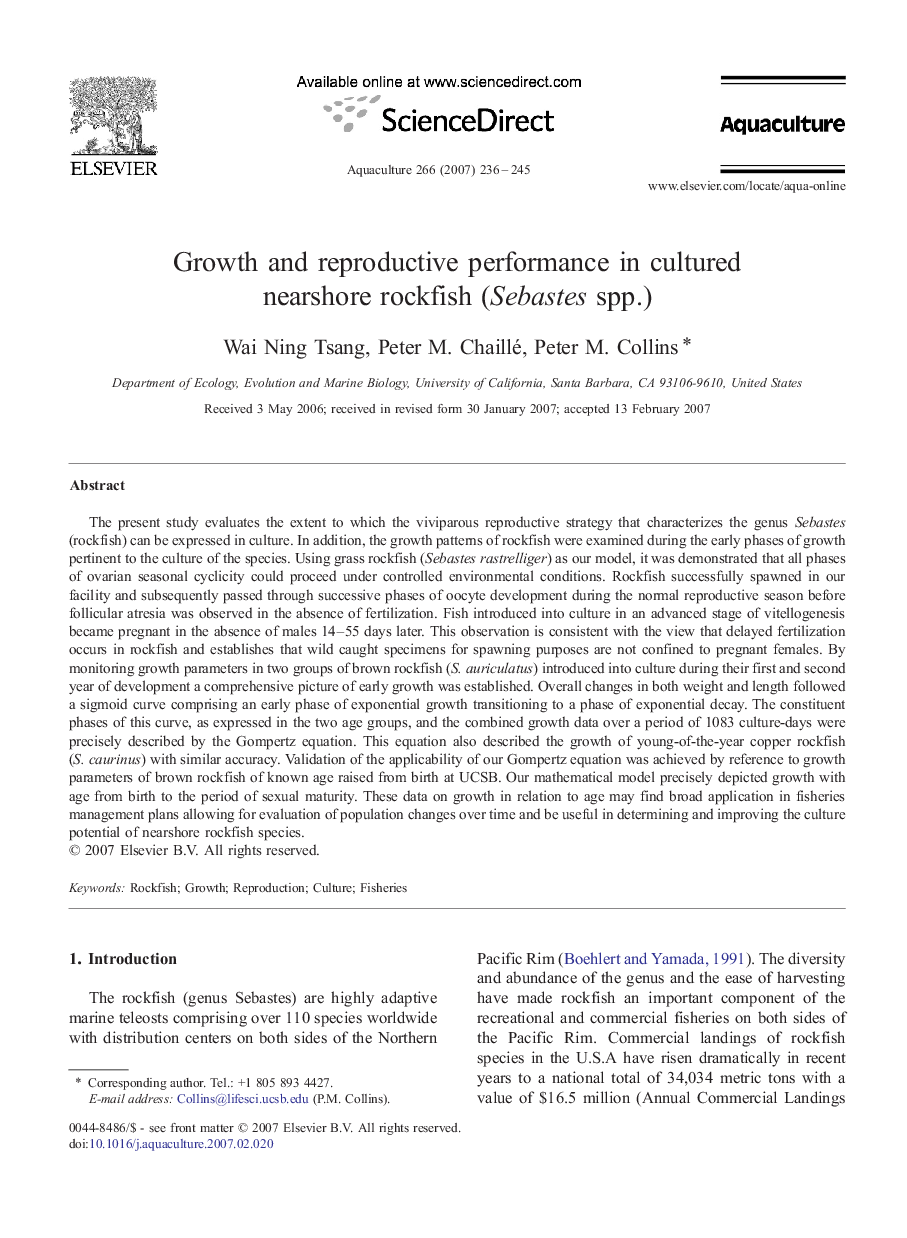 Growth and reproductive performance in cultured nearshore rockfish (Sebastes spp.)