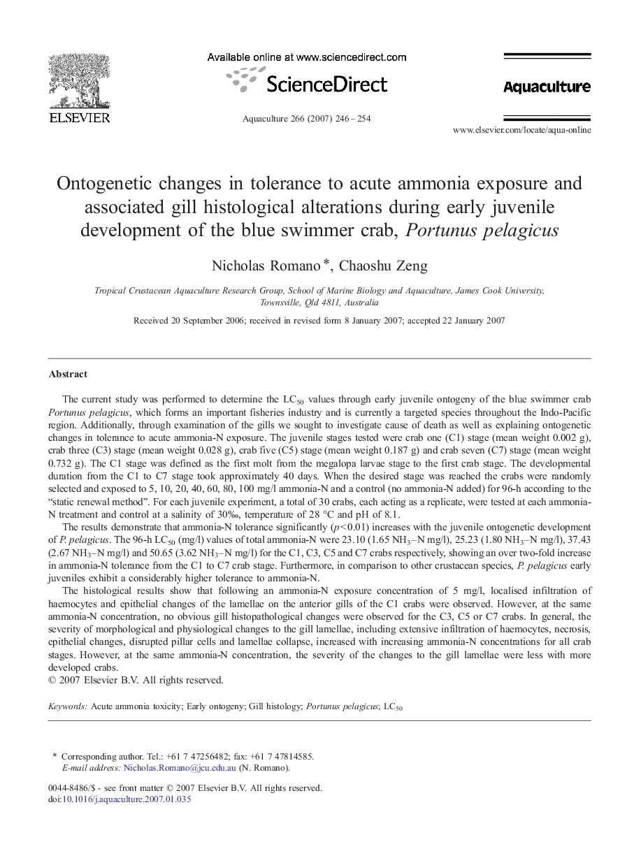 Ontogenetic changes in tolerance to acute ammonia exposure and associated gill histological alterations during early juvenile development of the blue swimmer crab, Portunus pelagicus