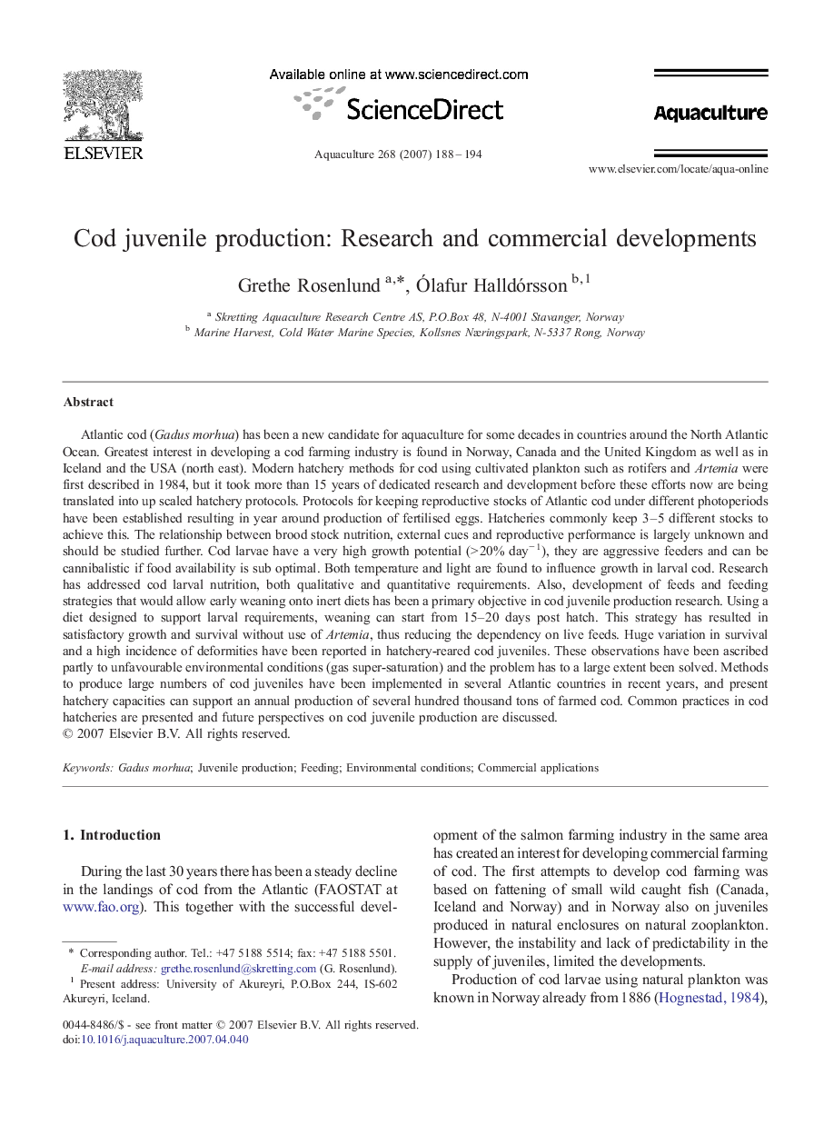 Cod juvenile production: Research and commercial developments