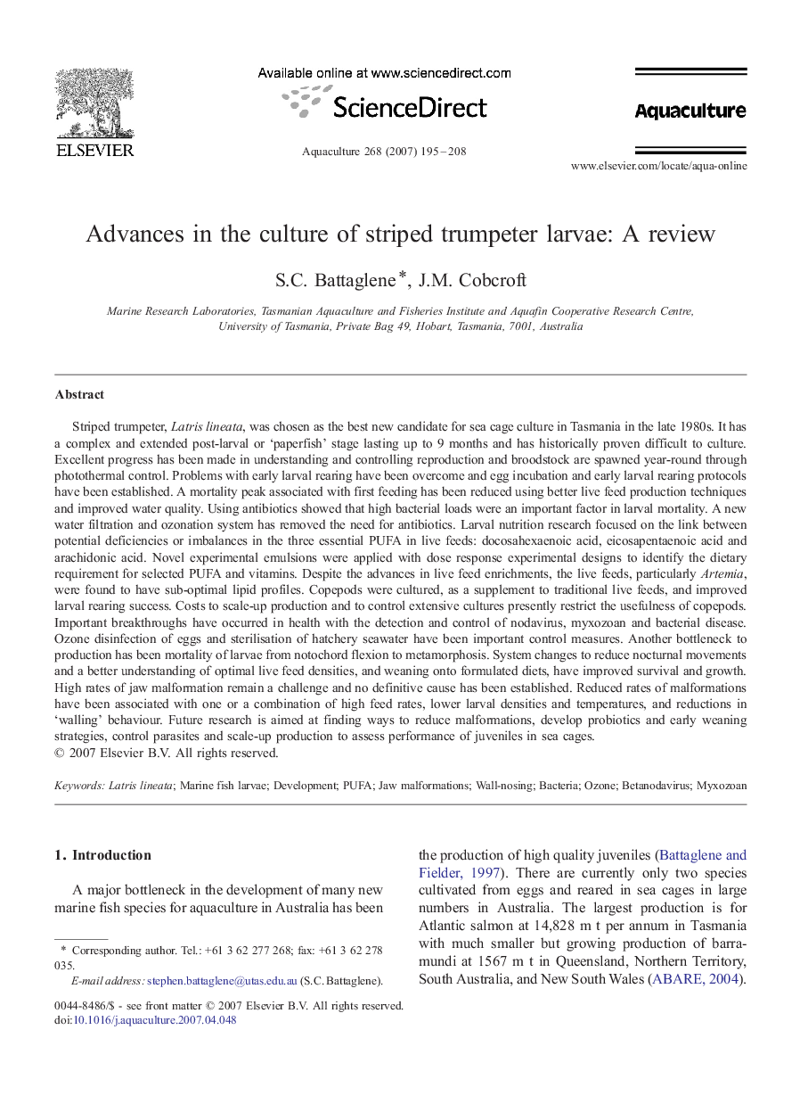 Advances in the culture of striped trumpeter larvae: A review