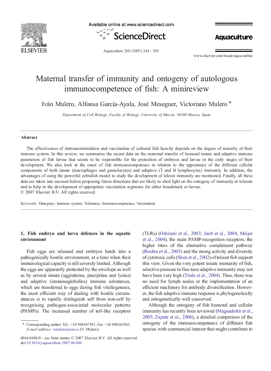 Maternal transfer of immunity and ontogeny of autologous immunocompetence of fish: A minireview