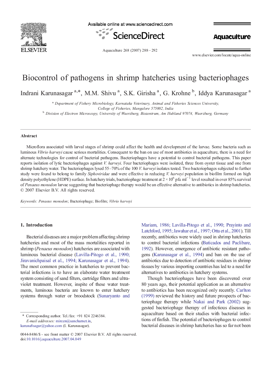 Biocontrol of pathogens in shrimp hatcheries using bacteriophages