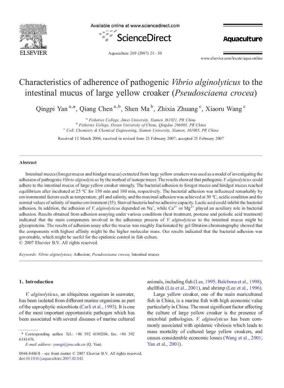 Characteristics of adherence of pathogenic Vibrio alginolyticus to the intestinal mucus of large yellow croaker (Pseudosciaena crocea)