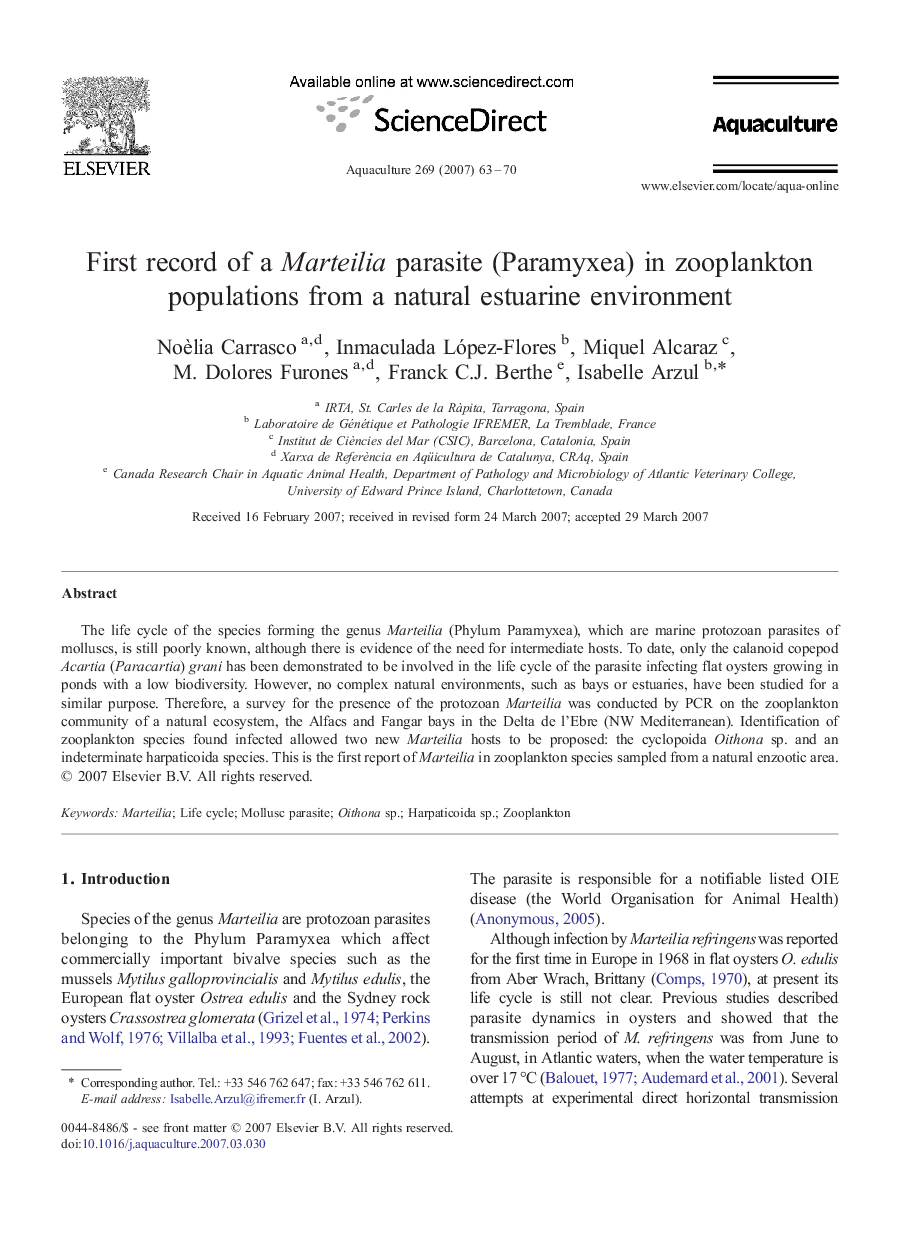 First record of a Marteilia parasite (Paramyxea) in zooplankton populations from a natural estuarine environment