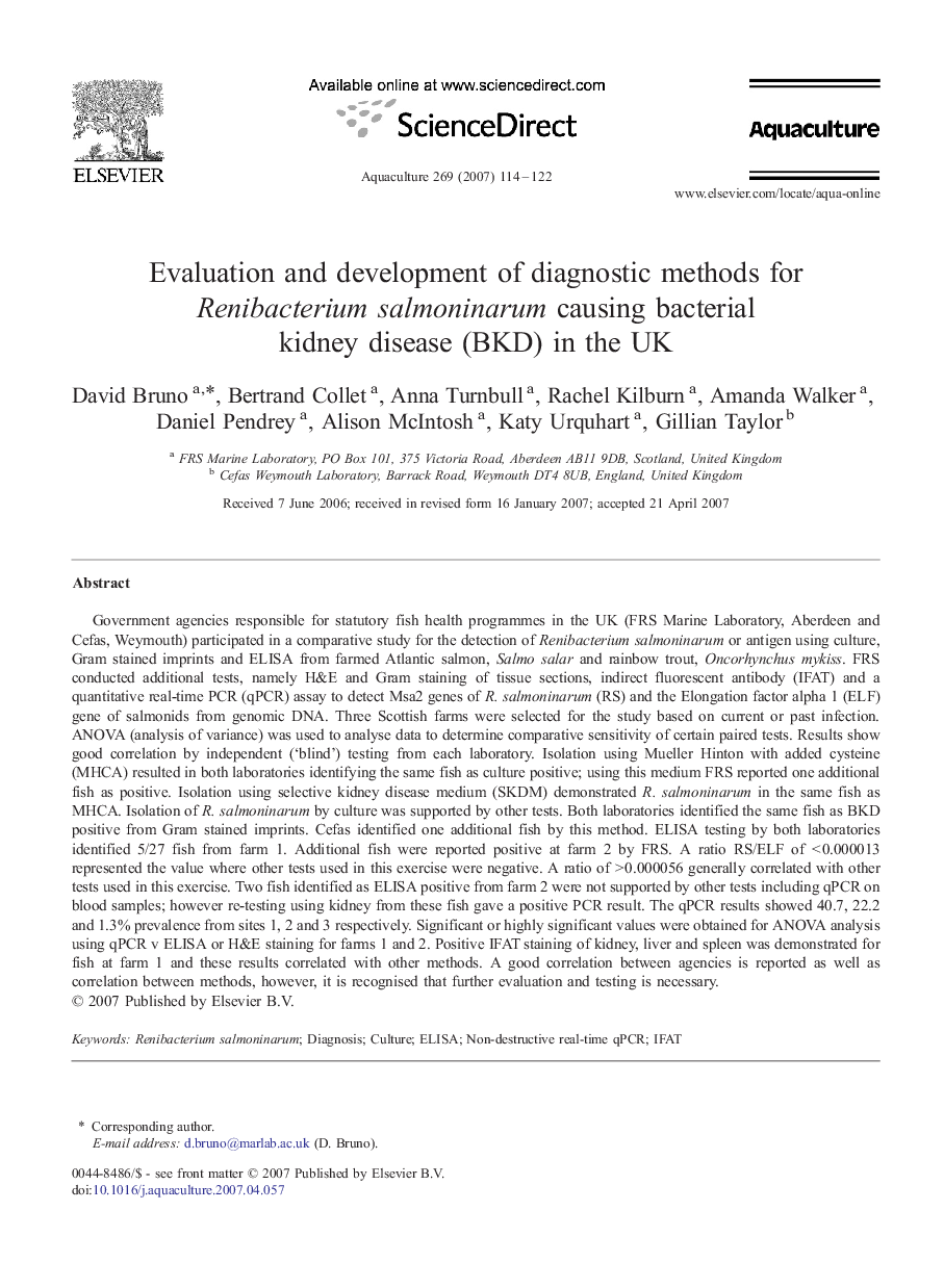 Evaluation and development of diagnostic methods for Renibacterium salmoninarum causing bacterial kidney disease (BKD) in the UK