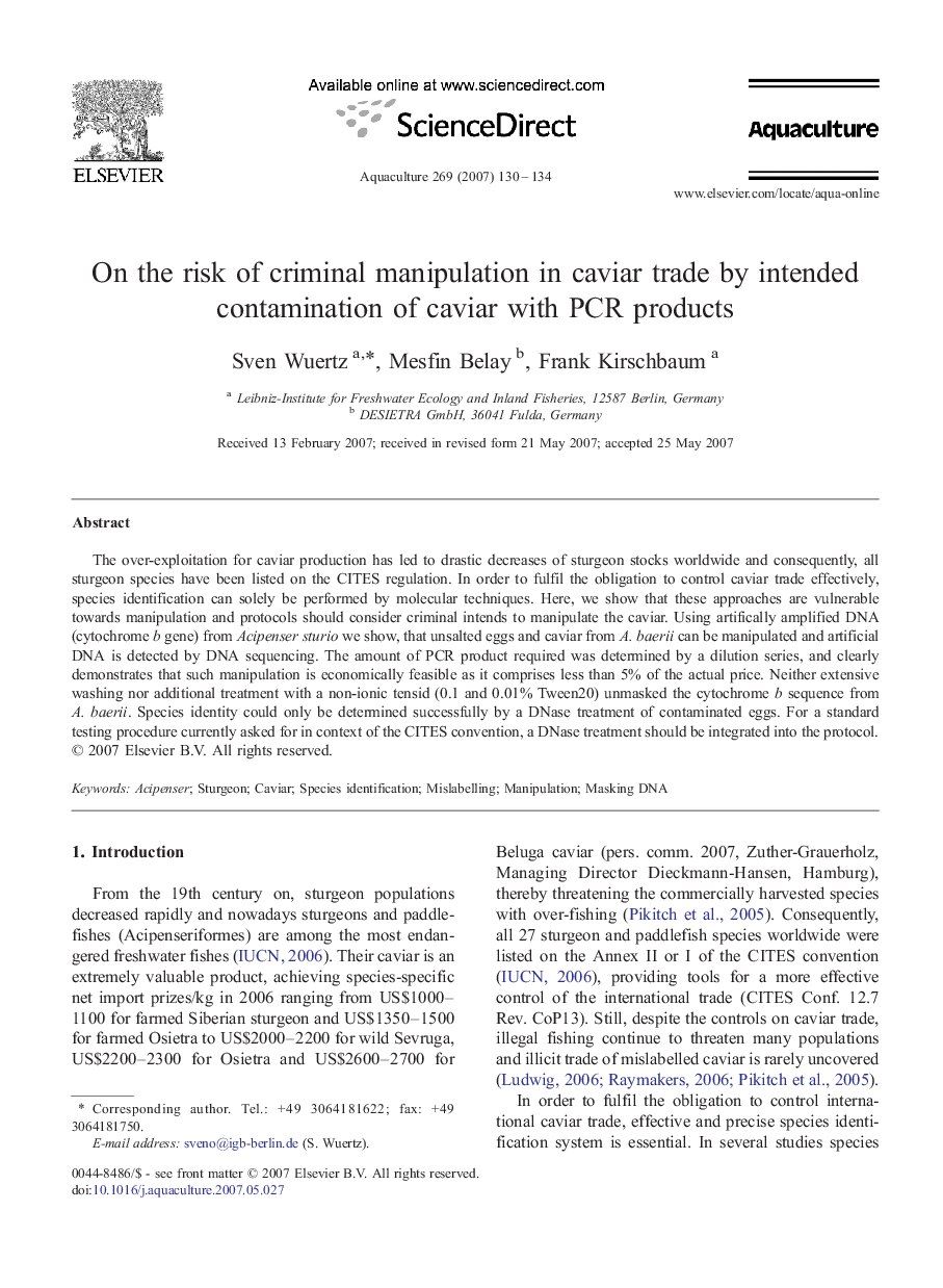 On the risk of criminal manipulation in caviar trade by intended contamination of caviar with PCR products