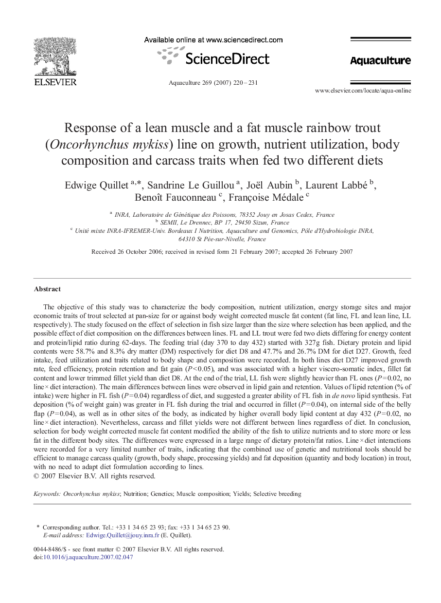 Response of a lean muscle and a fat muscle rainbow trout (Oncorhynchus mykiss) line on growth, nutrient utilization, body composition and carcass traits when fed two different diets