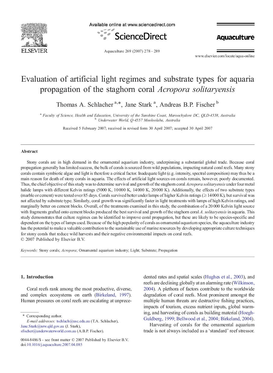 Evaluation of artificial light regimes and substrate types for aquaria propagation of the staghorn coral Acropora solitaryensis