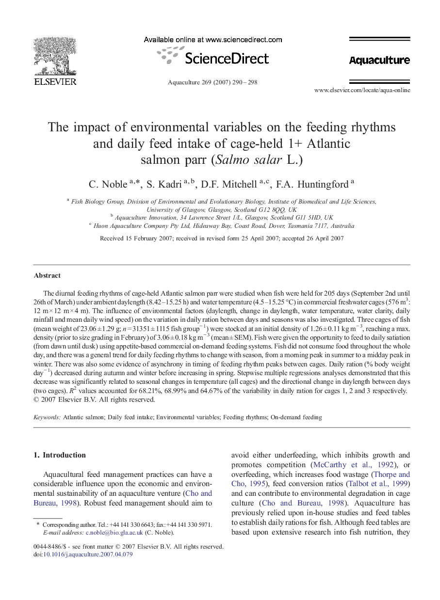 The impact of environmental variables on the feeding rhythms and daily feed intake of cage-held 1+ Atlantic salmon parr (Salmo salar L.)