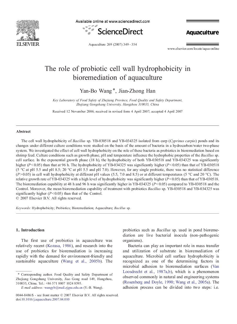 The role of probiotic cell wall hydrophobicity in bioremediation of aquaculture