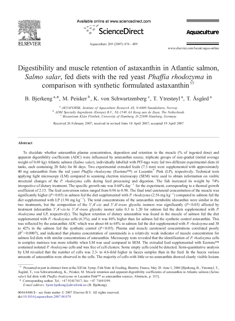 Digestibility and muscle retention of astaxanthin in Atlantic salmon, Salmo salar, fed diets with the red yeast Phaffia rhodozyma in comparison with synthetic formulated astaxanthin 