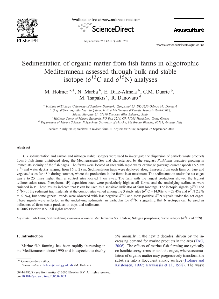 Sedimentation of organic matter from fish farms in oligotrophic Mediterranean assessed through bulk and stable isotope (δ13C and δ15N) analyses