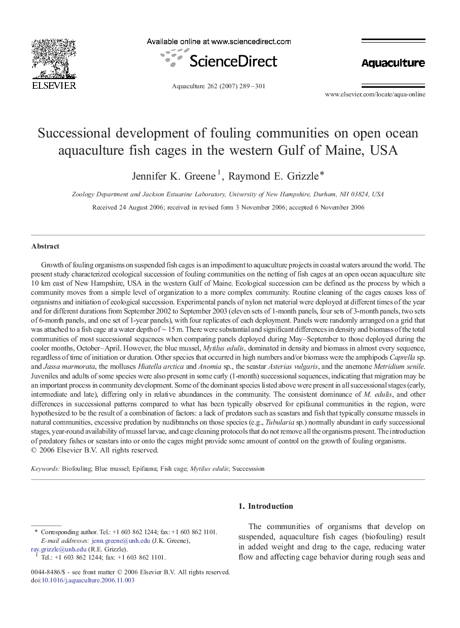 Successional development of fouling communities on open ocean aquaculture fish cages in the western Gulf of Maine, USA