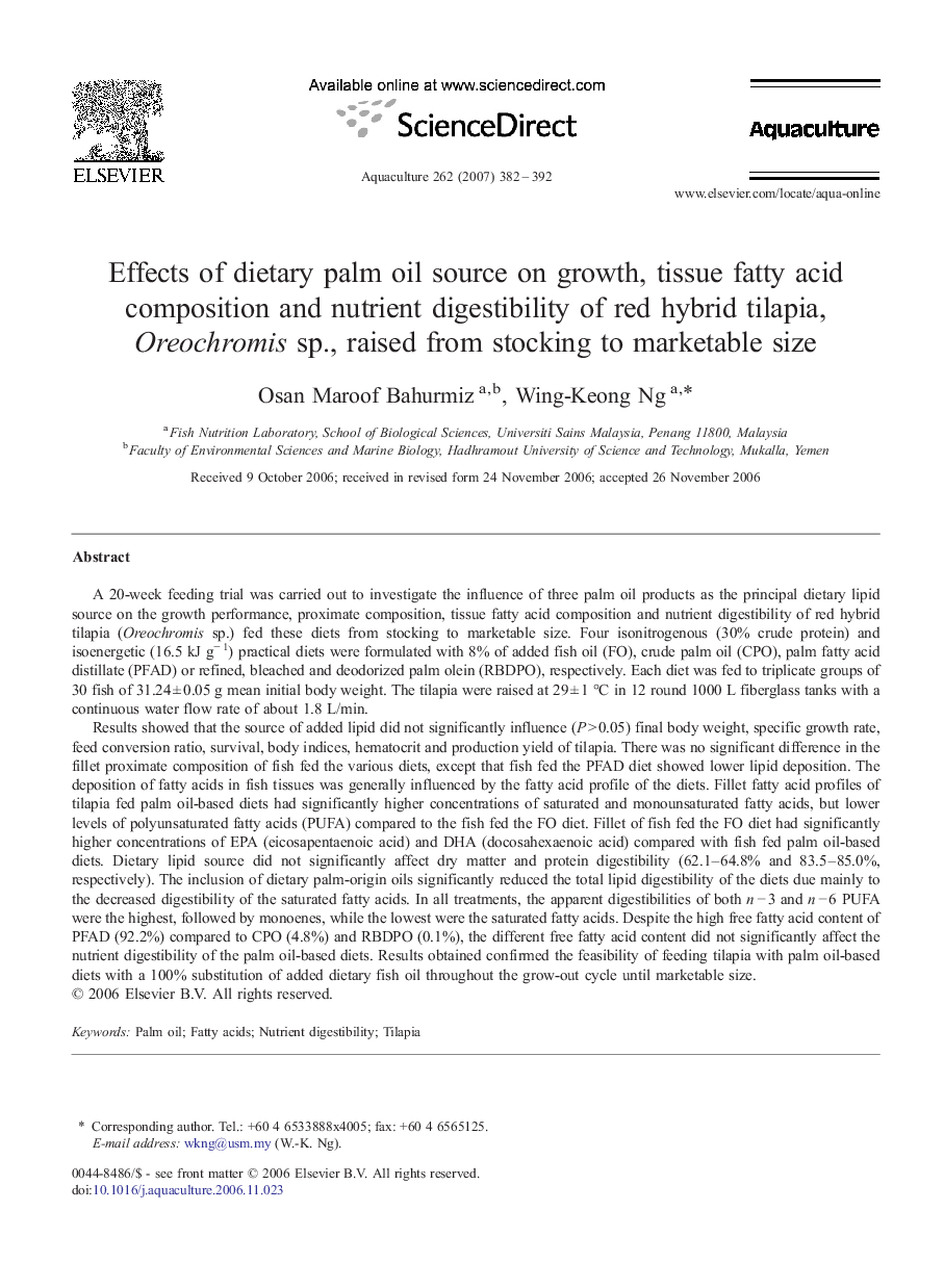 Effects of dietary palm oil source on growth, tissue fatty acid composition and nutrient digestibility of red hybrid tilapia, Oreochromis sp., raised from stocking to marketable size