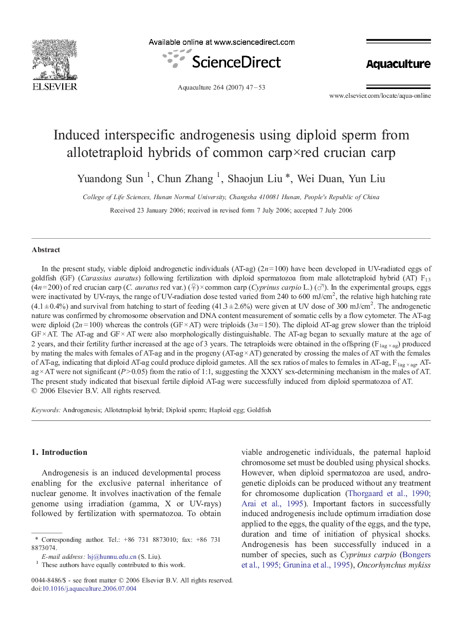 Induced interspecific androgenesis using diploid sperm from allotetraploid hybrids of common carp×red crucian carp