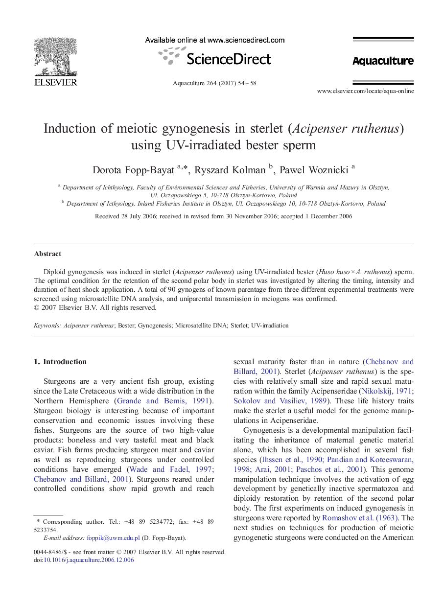 Induction of meiotic gynogenesis in sterlet (Acipenser ruthenus) using UV-irradiated bester sperm