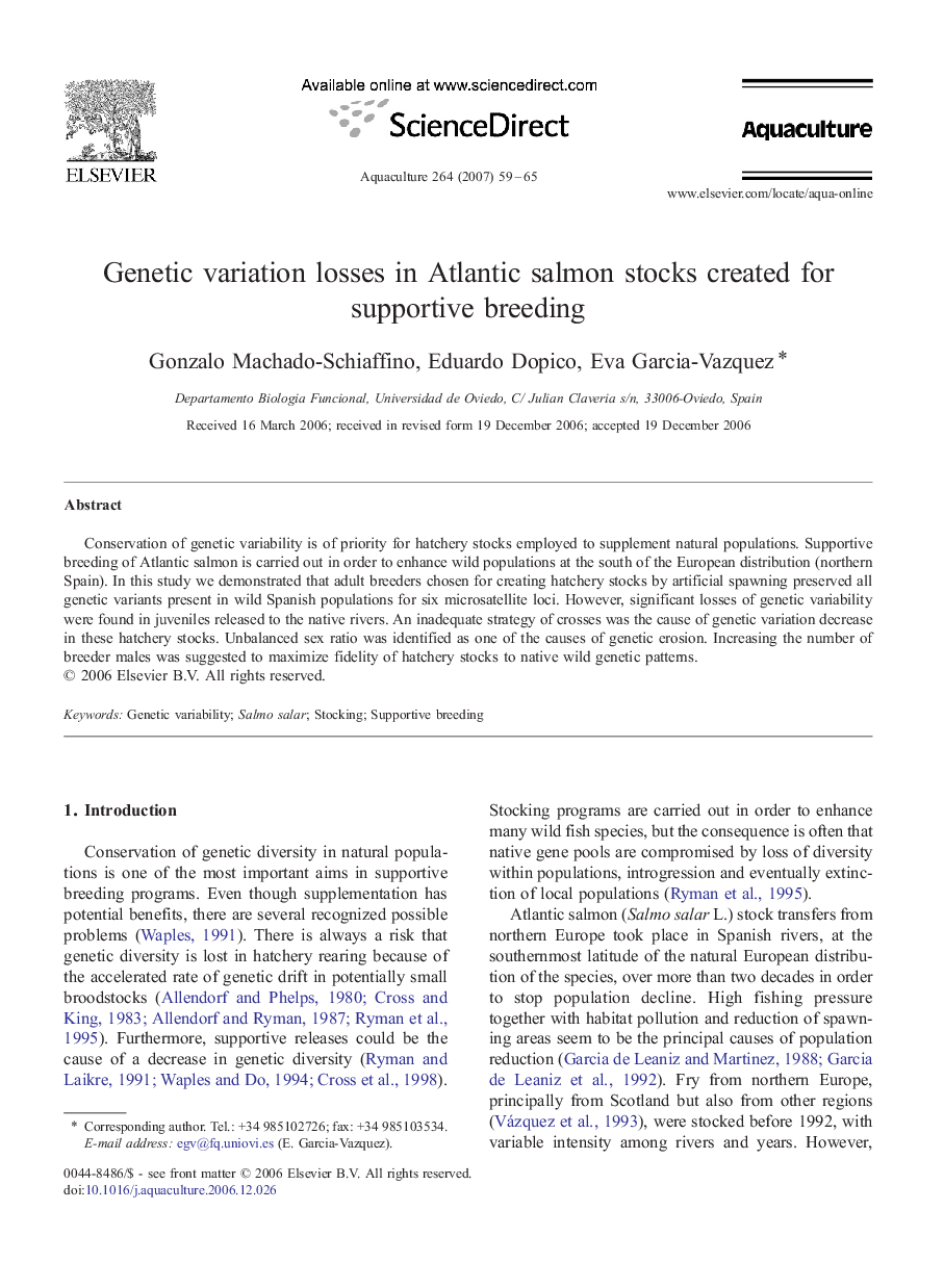 Genetic variation losses in Atlantic salmon stocks created for supportive breeding