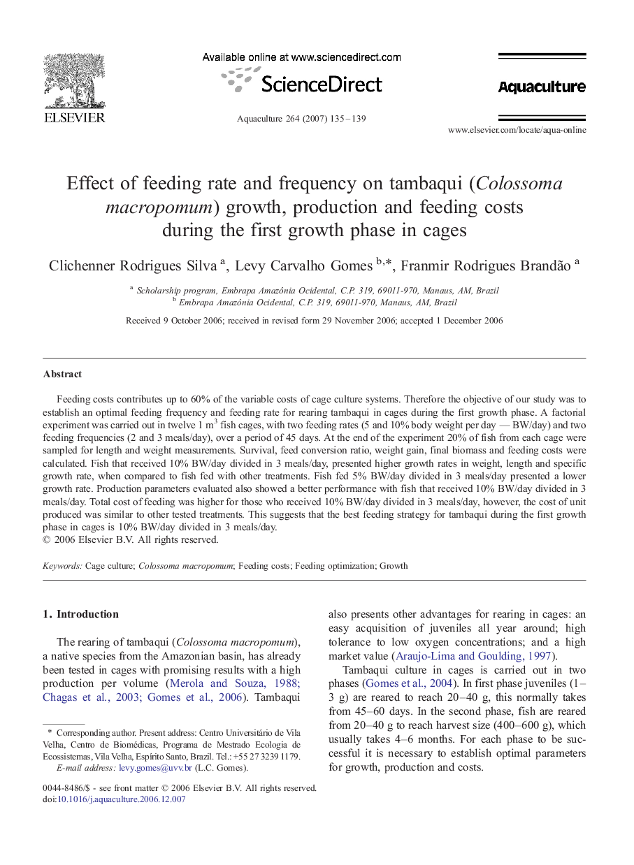 Effect of feeding rate and frequency on tambaqui (Colossoma macropomum) growth, production and feeding costs during the first growth phase in cages